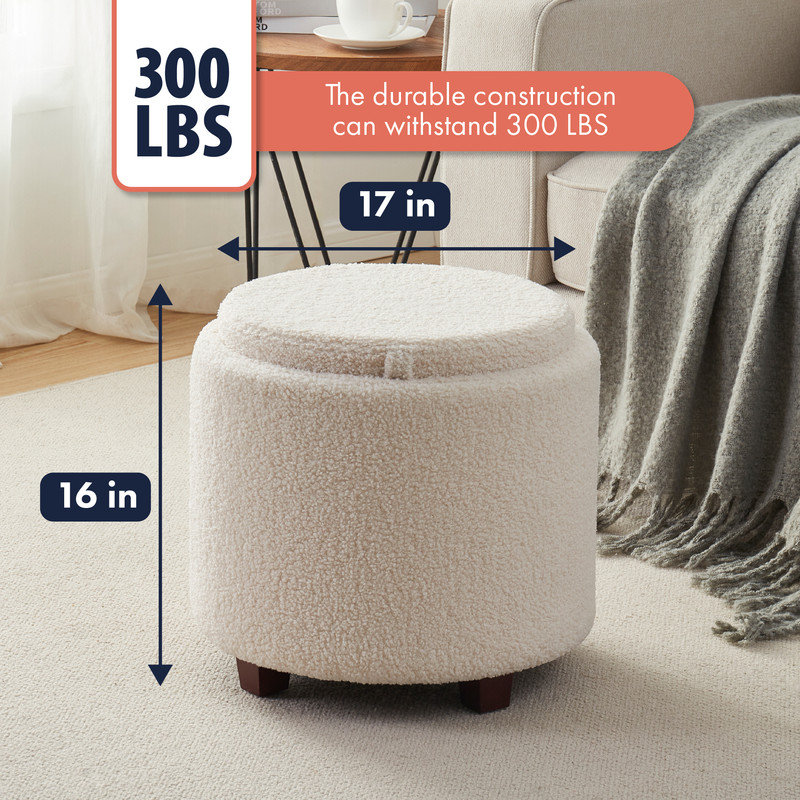 Round Boucle White Storage Ottoman with Reversible Coffee Table Lid