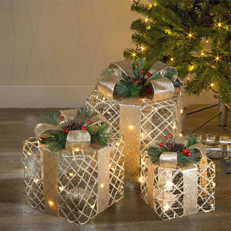 Set Of 3 Light-Up Christmas Gift Boxes With 50 Warm White LED Lights Battery-Powered Xmas Decor Champagne Gold With Gold Ribbon