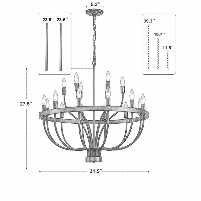 Lustre industriel noir rustique vintage à 18 lumières, style chandelle