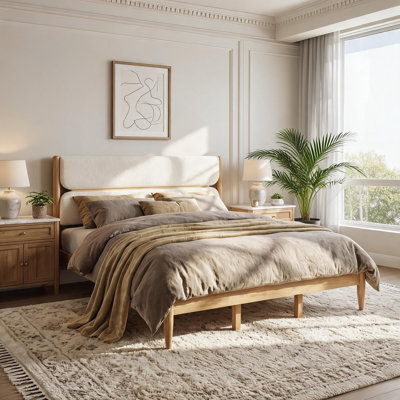 Bedroom King Size Solid Wood Bed Frame with Fleece Upholstered Headboard and Under-Bed Clearance Soft Beige
