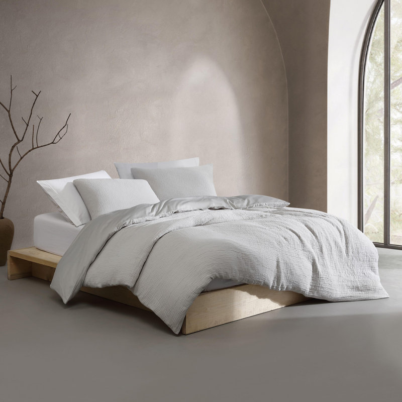 Calvin Klein Washed Texture Solid Cotton Comforter Set, Gray, Queen Comforter + 2 Standard Shams
