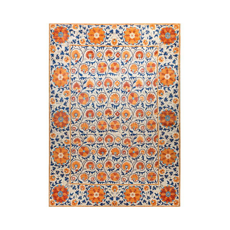 Tapis décoratif multicolore à motif de carreaux orange Suzani, Rectangle 6 pi 6 po x 9 pi 10 po