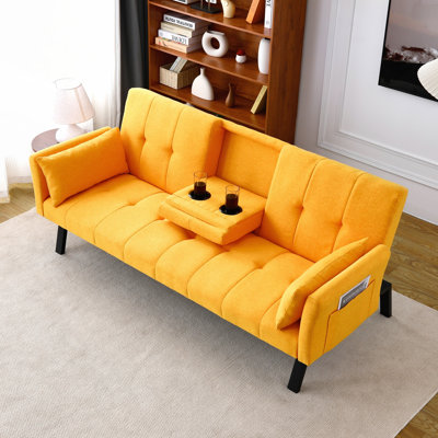 70-inch Multi-Functional Cotton and Linen Sofa Bed: Foldable Design with Cup Holder and Side Storage, Perfect for Small Spaces