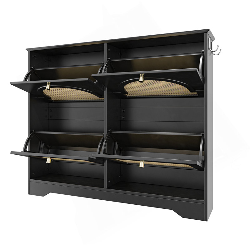 Mid-Century Narrow Design Tipping Bucket Shoe Cabinet With 4 Flip Drawers, Elegant Entryway Shoe Organizer With 4 Rattan Doors, Freestanding Shoe Rack With 2 Silvery Hooks For Hallway, Black, 42.1"W