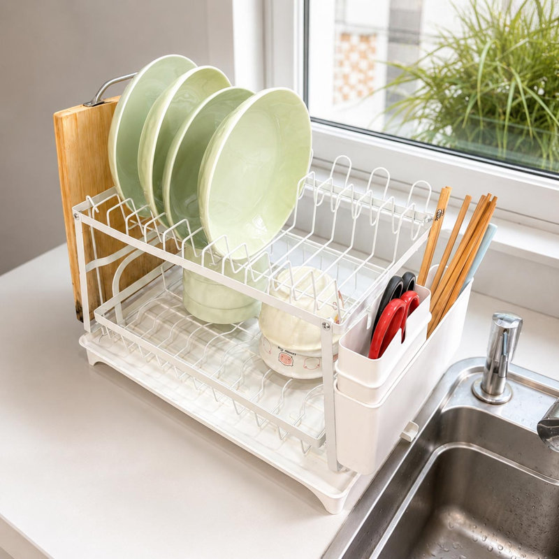 Two-Tier Stainless Rust-Resistant Adjustable Dish Rack, White