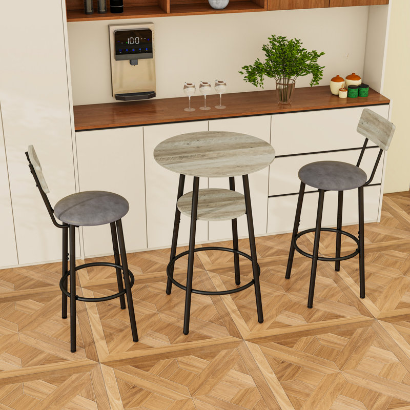 Round Bar Stool Set with Shelf, Gray/Black, Gray