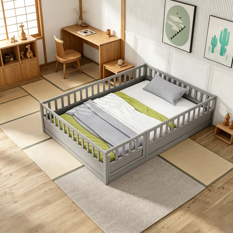 Lit double sur pied Montessori, Gris, Lit double