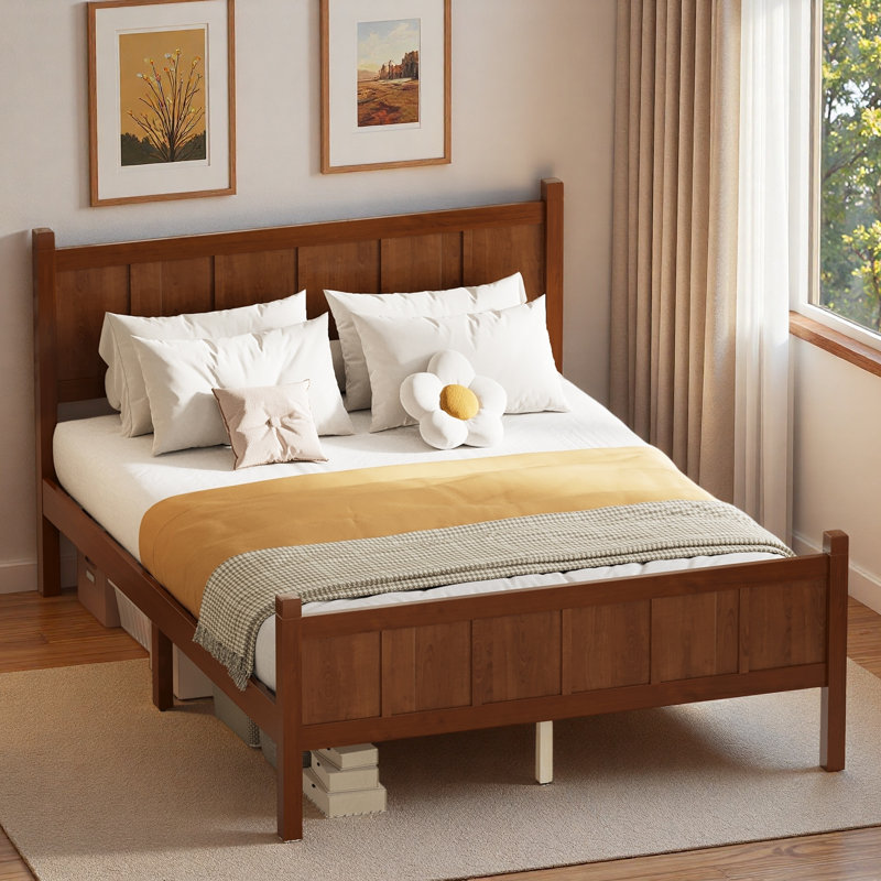 Lit plateforme moderne avec tête de lit et pieds robustes, Full, Noyer foncé