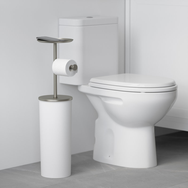 White Nickel Freestanding Toilet Paper Holder with Storage