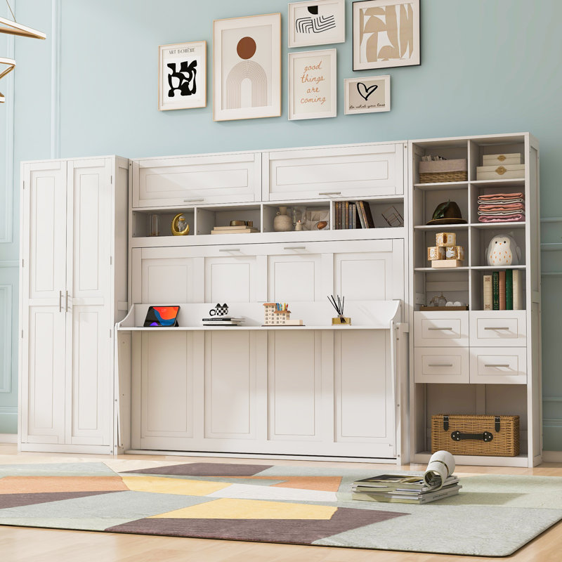 Lit escamotable double pleine grandeur avec placard, tiroirs et tablettes, blanc, Blanc, Lit double