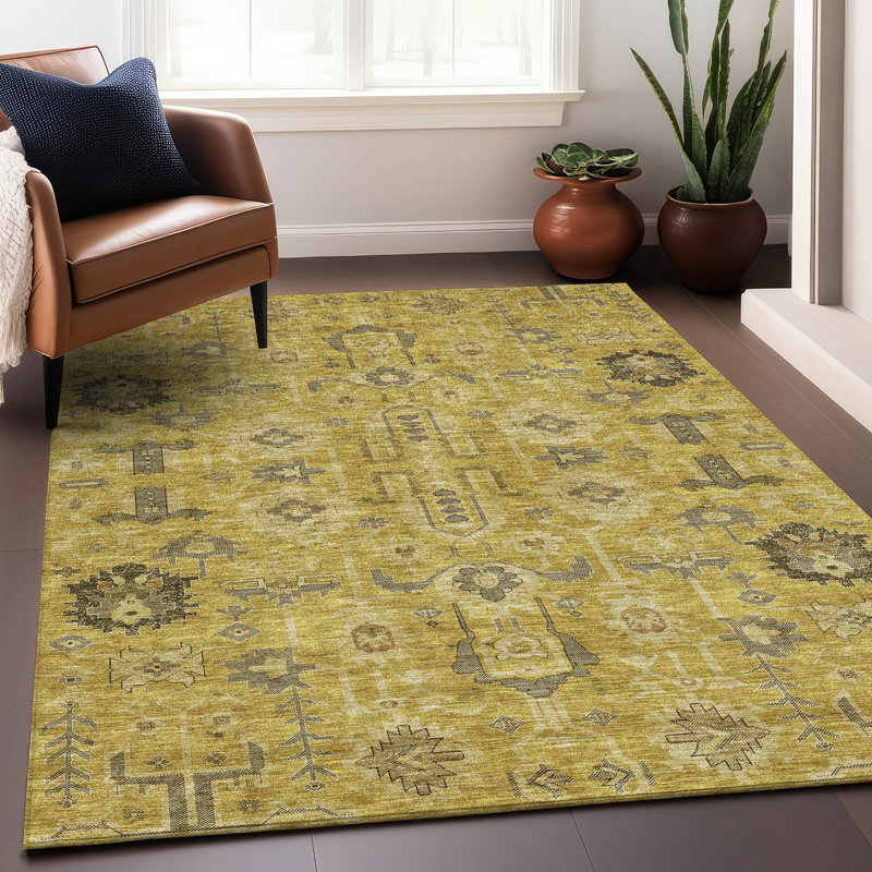 Tapis doré Prisco lavable à la machine de qualité supérieure, Rectangle 10 pi x 14 pi