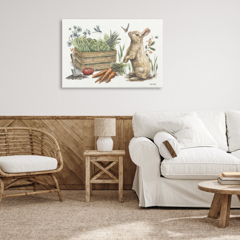 «Gardening Bunny Scene» par Leslie Trimbach, H 24 po x l 36 po