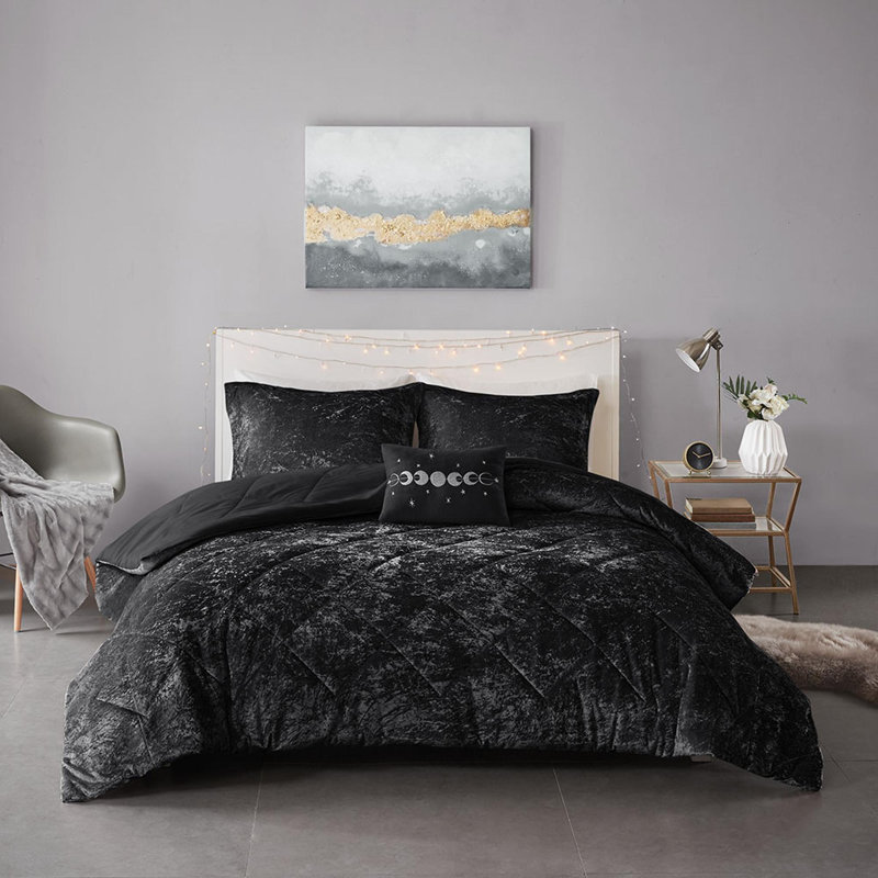Ensemble d'édredon en velours 4 pièces, Noir, Édredon simple + 3 pièces supplémentaires