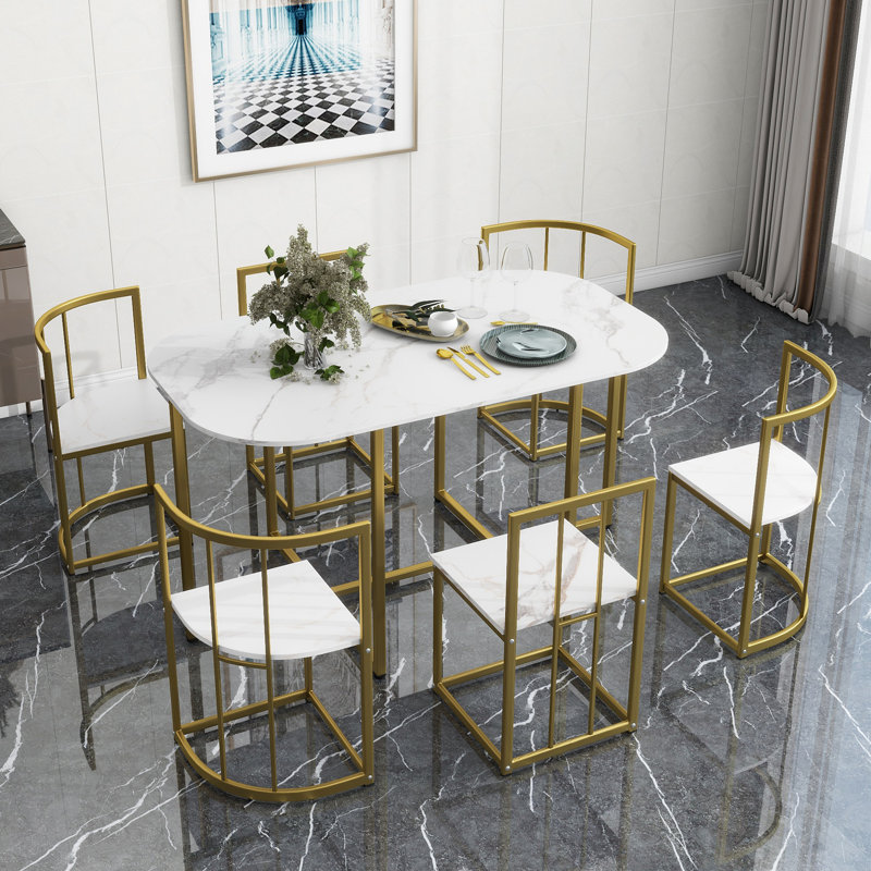 Malinda 7Pcs Dining Table Set for 6, with Faux Marble Table and 6 Geometric Chairs, Black, White/Black