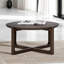 Table de salon style transitionnel 36 po avec base à tréteaux et plateau en bois avec finition noyer foncé brossé et salon principal