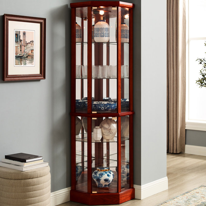 Armoire à 6 tablettes avec tablettes réglables en verre trempé et dossier à miroir en cerisier élégant, Cerisier