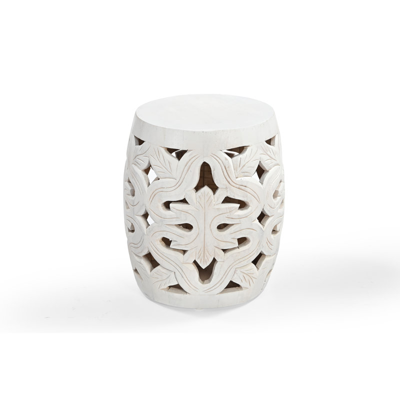 RIMSA Hand-Carved Whitewashed Drum Side Table – Bohemian Solid Wood Accent Table