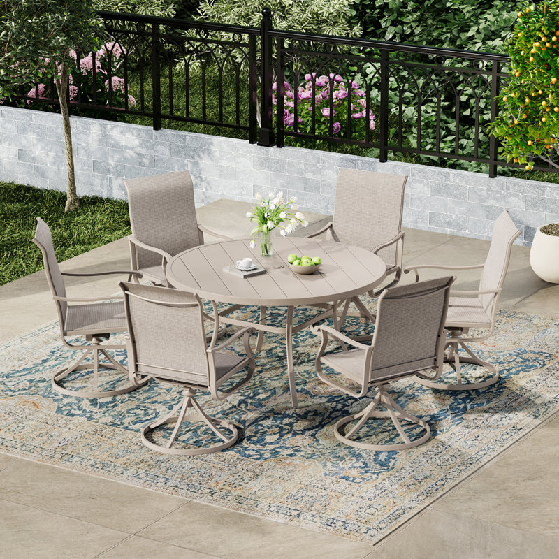 6-Person Outdoor Round Dining Set, Beige, 28" H x 50" W x 50" D