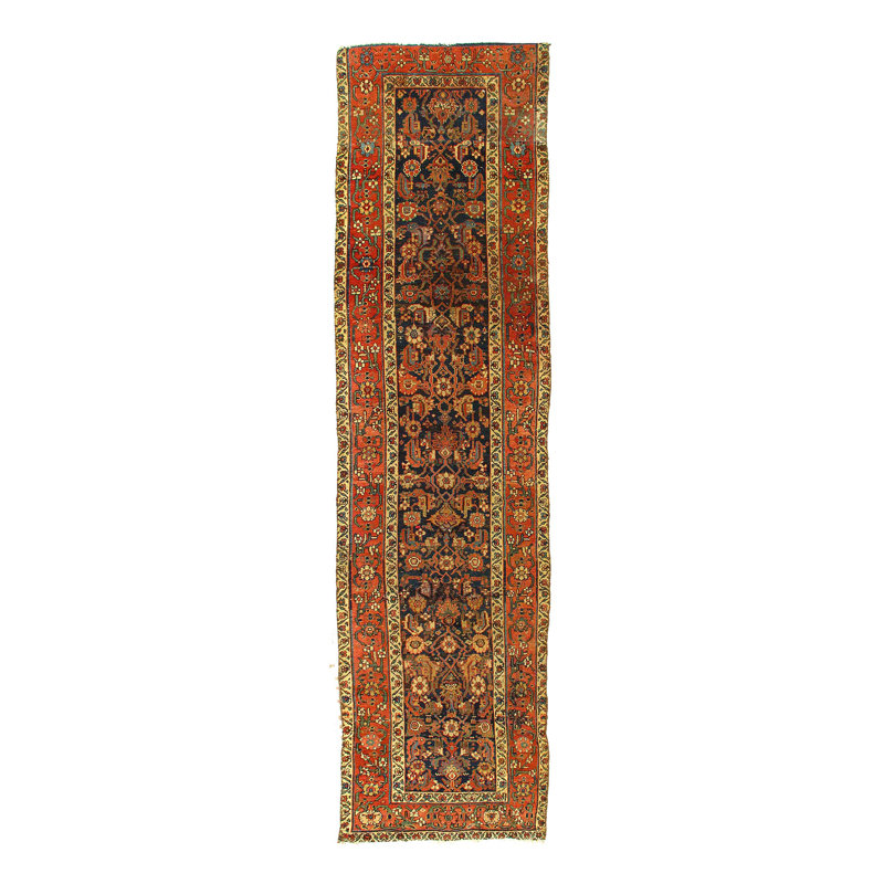 Tapis de couloir unique en laine bleu marine 12 pi 3 po x 3 pi années 1920