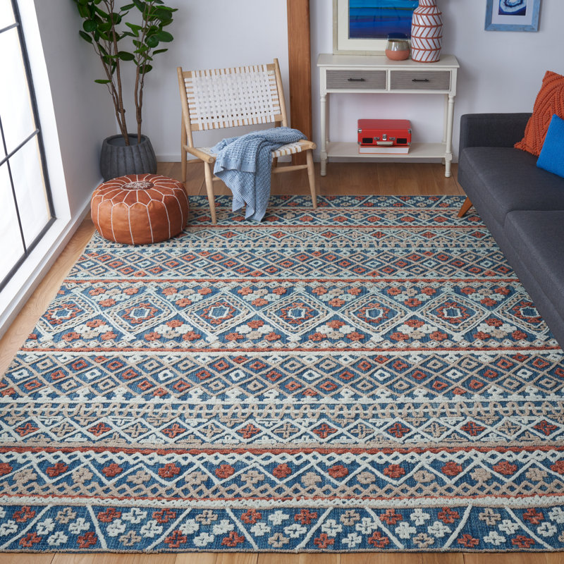 Tapis géométrique en laine / coton touffeté à la main en orange / bleu, Rectangle 8 pi x 10 pi