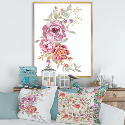 Bouquet de fleurs roses et mauves III - reproduction de cadre flottant sur toile