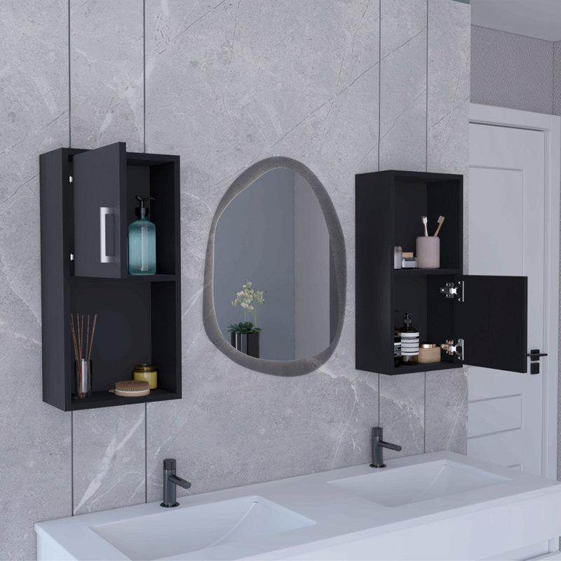 Wall-Mounted Bathroom Medicine Cabinet With Open And Closed Storage, Matte Black
