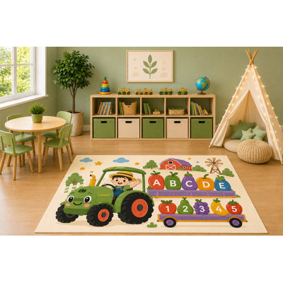 "Ultra Lightweight" 5'x7' Farm Tractor Area Rug, Educational Alphabet Fruits and Numbers Learning Play Mat for Kids Nursery Classroom Playroom, Non-Slip Silicone Backing Low Pile