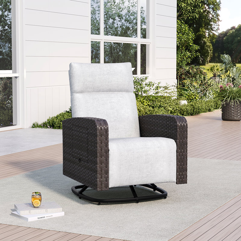 28" W Wicker Outdoor Swivel Recliner Chair with Lift-Up Side Table