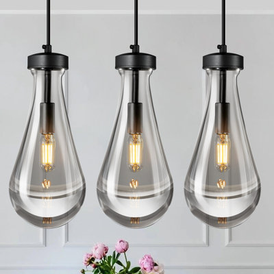 Lustres modernes Eduardo pour salle à manger, porche, couloir, salon, luminaires suspendus en forme de goutte d'eau, îlot de cuisine, luminaires suspendus en forme de larme, verre transparent (paquet de 3)