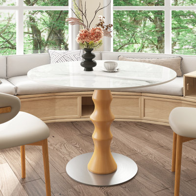 Table de salle à manger en pierre frittée ronde, table de cuisine circulaire pour 2 à 4 personnes, table de salle à manger en bois massif d'inspiration bambou pour la salle à manger, le coin-repas ou le salon