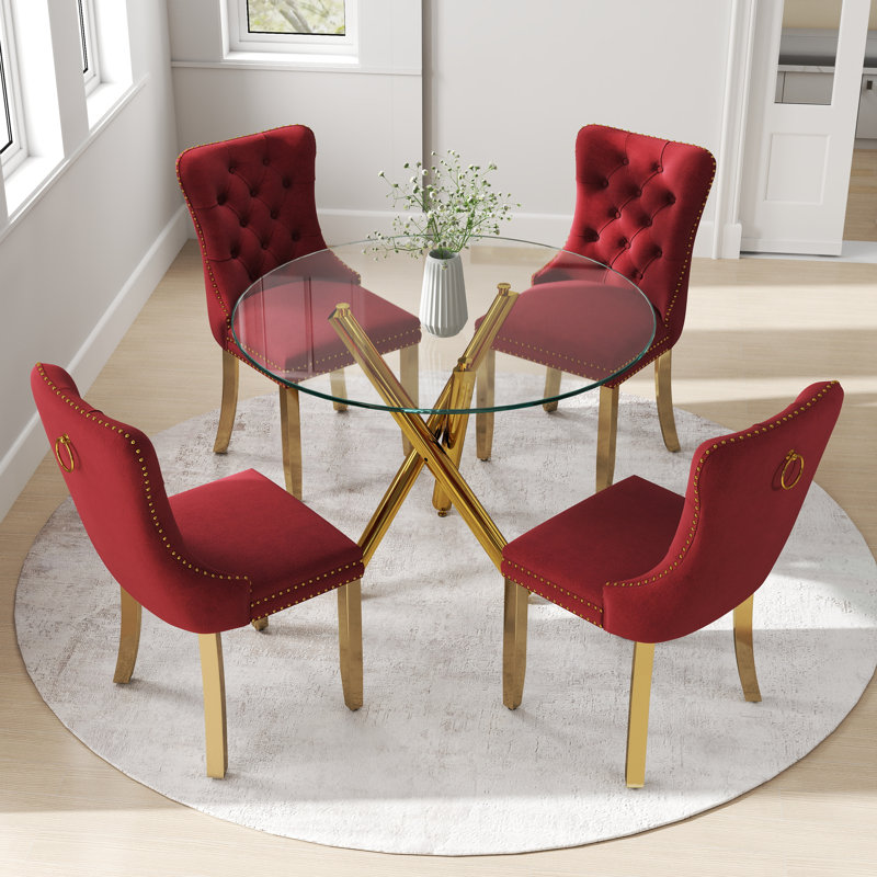 Ensemble de salle à manger à piédestal rond 5 pièces avec chaise capitonnée en velours pour salle à manger et salon, Doré