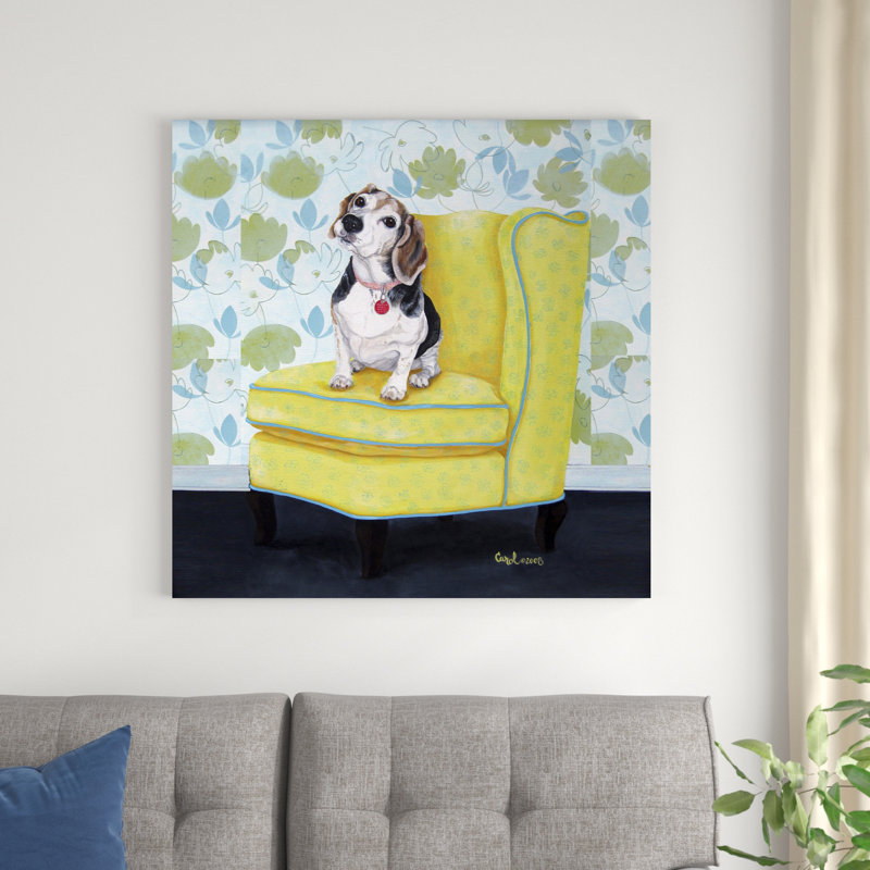 Beagle sur fond jaune, H 36 po x l 36 po, Non, Toile avec cadre doré