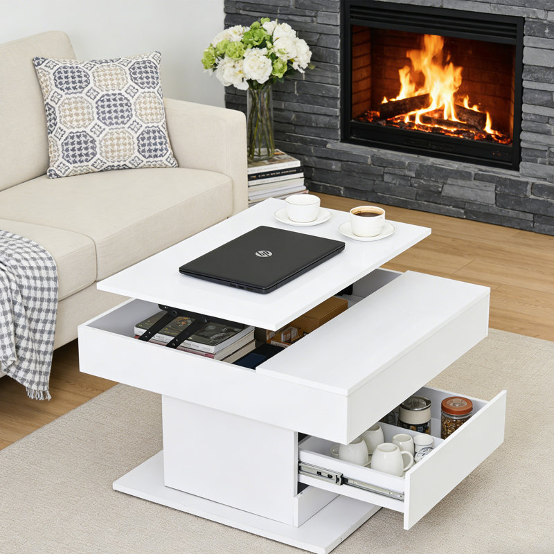 Table basse à plateau relevable avec tiroir et compartiment caché, Blanc