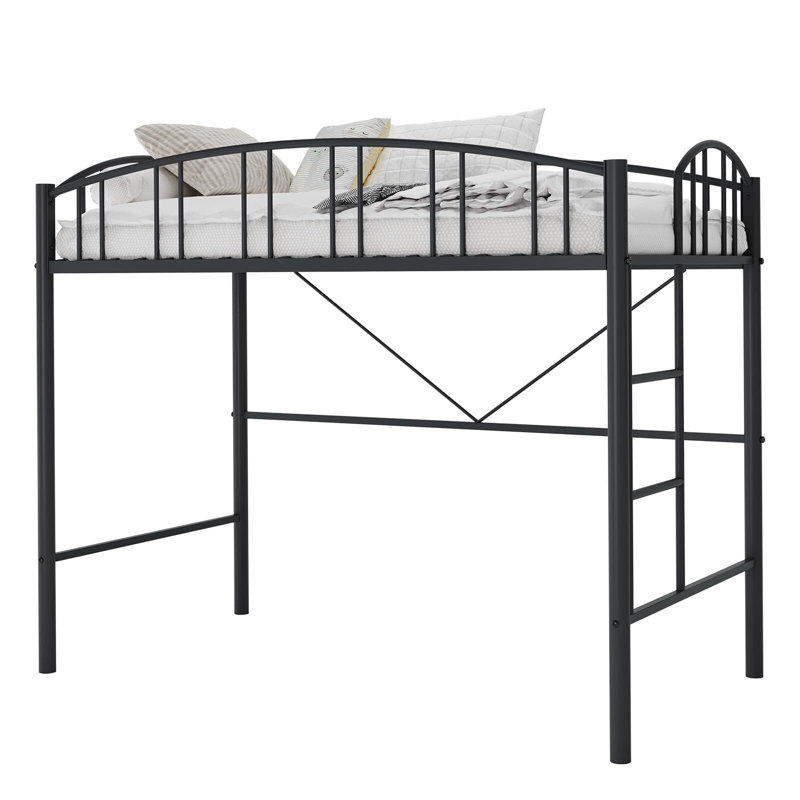 Lit mezzanine simple, structure de lit mezzanine en métal robuste avec garde-corps arqué et échelle de sécurité, Noir