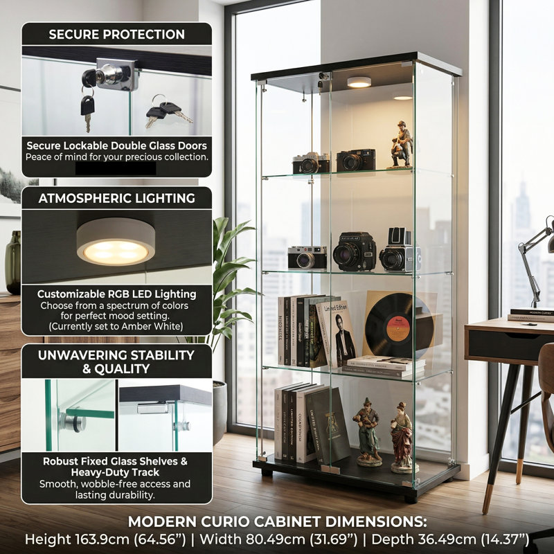 4-Tier Double Door Glass Display Cabinet,  Large Floor Standing Curio Cabinet with Toughened Glass, Optional LED Lighting, Black / White
