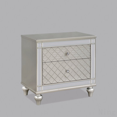 1Pc Glam 2-Drawer Bedroom Nightstand Diamond Patterned Drawer Fronts Silver Finish