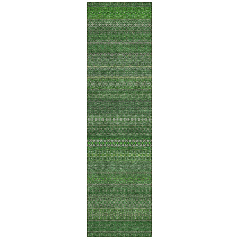 2' X 8' Fern Green Striped Washable Indoor Outdoor Runner Rug