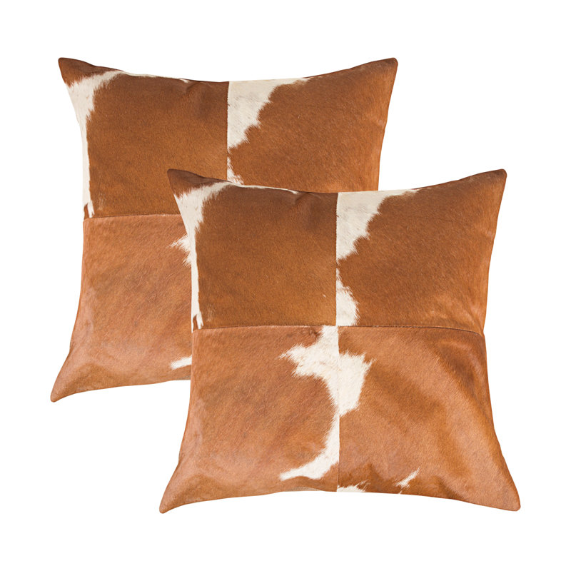 Natural Torino Quattro Cowhide Pillow | 2-Pack | Orange | 18"x18", Brown/White