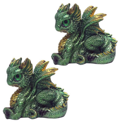 "2-PC Set" ICE ARMOR 3"H Green Dragon with Glass Eyes Figurine Statue Sculpture Ornament Decoration Home/Room Decor and Perfect Gift Ideas for Housewarming, Holidays and Birthdays Great Collectible Addition