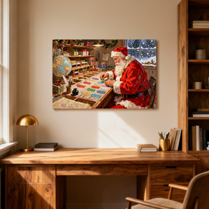 Père Noël de Noël fabriquant des lettres au bureau de l'atelier, H 12 po x l 18 po