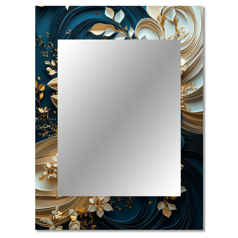 White Teal Liquid Ink Peonies - Peonies Decorative Wall Mirror, Traditional Large Mirror, Printed Metal Art, 40" x 30"