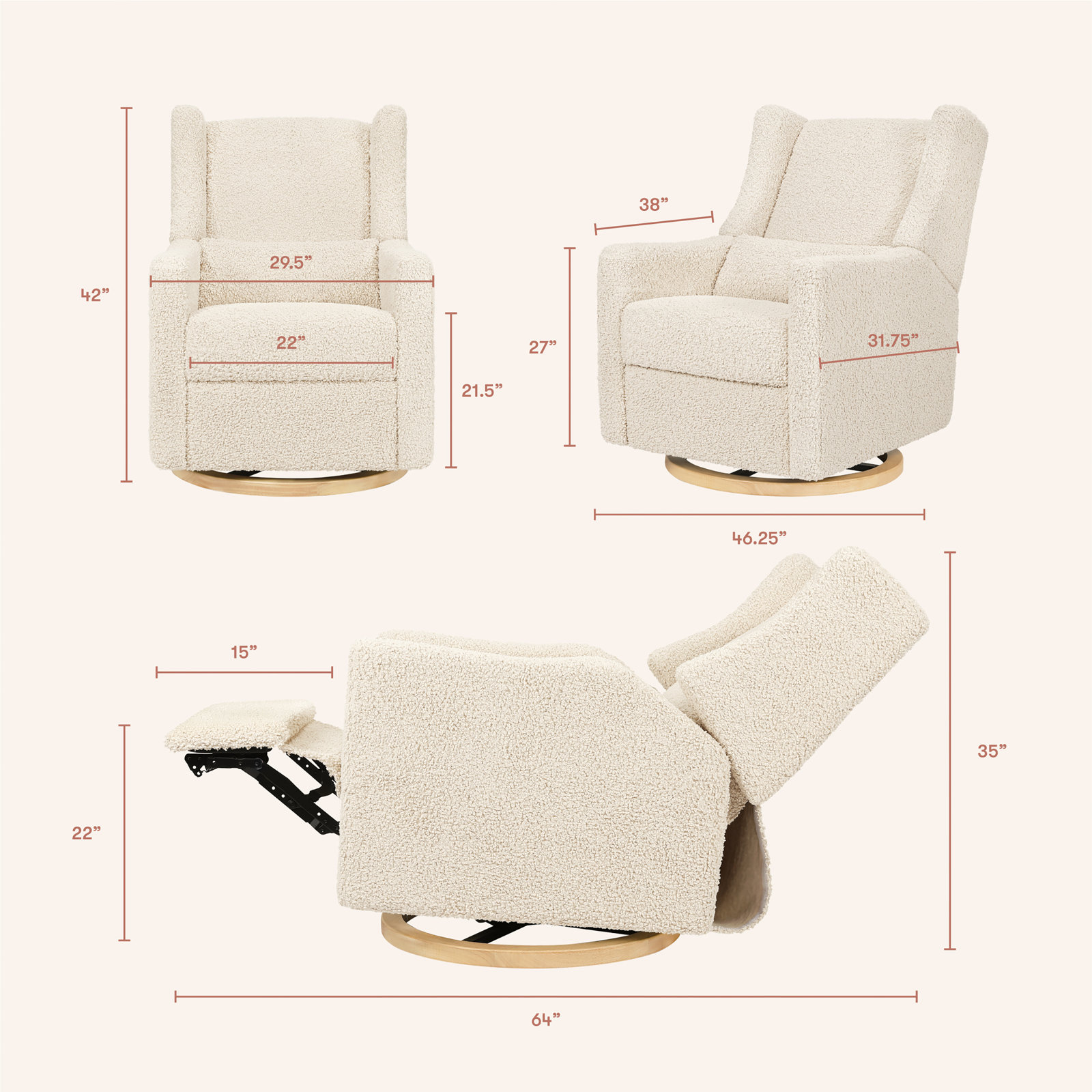 Kiwi Electronic Recliner and Swivel Glider with USB port, Almond Teddy Loop