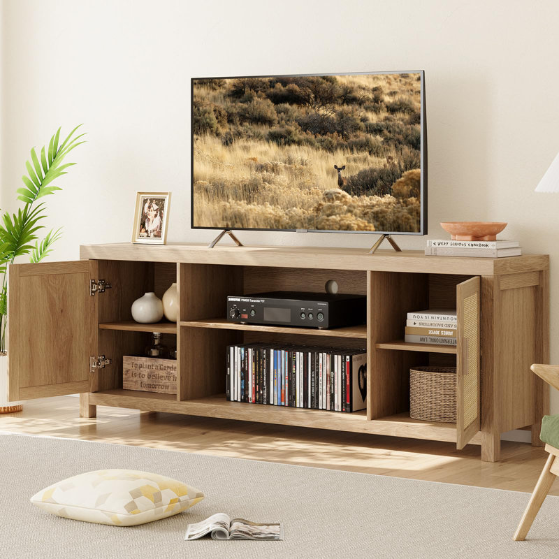 Rattan TV Stand for 75inch, Natural Oak Entertainment Center with 2-Tier Storage, Boho Wooden TV, 25"H x 66"L x 15.7"W