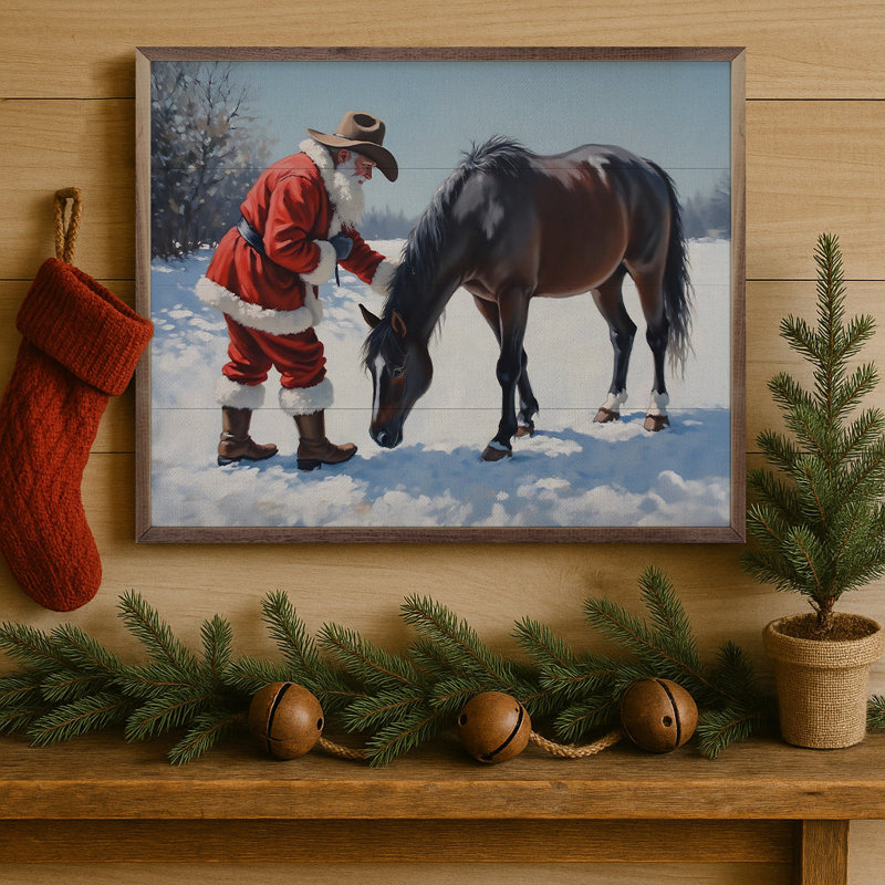 Père Noël avec curieux cheval noir, H 24 po x l 30 po