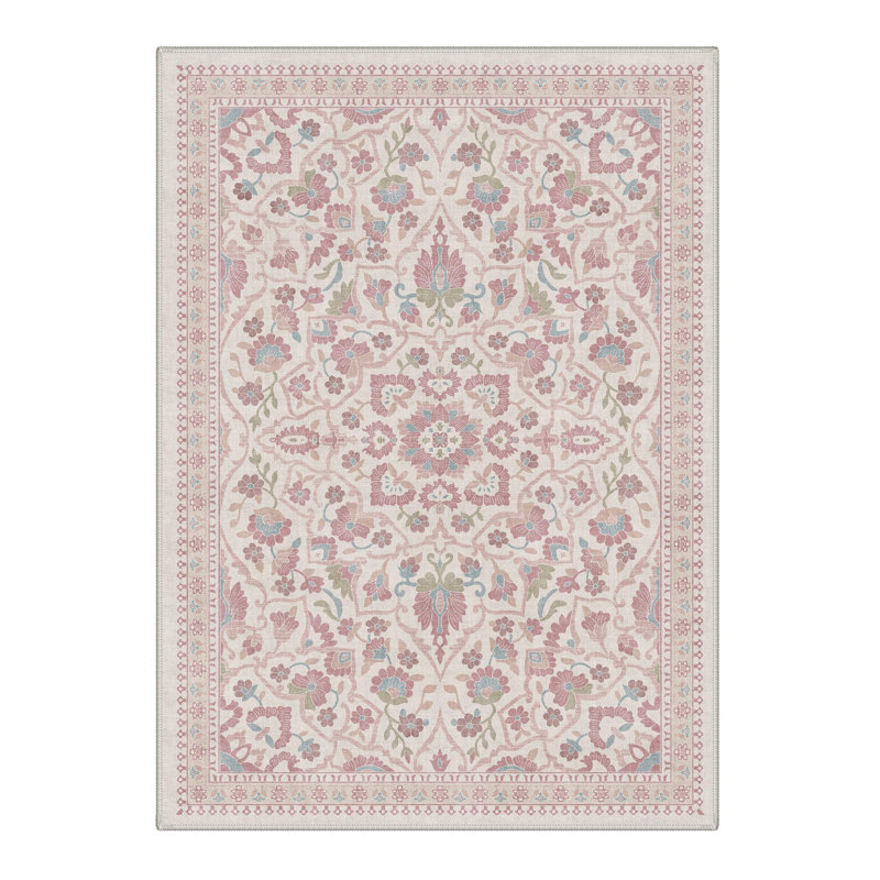 Aura Vintage Floral Machine Washable Pink Indoor Area Rug with Non-Slip Backing, Rectangle 6' x 9'