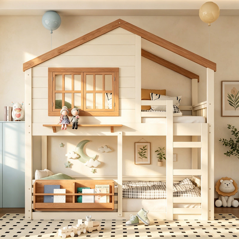 Lit superposé en pin massif avec garde-corps et échelle, structure de lit pour enfant à double couche avec rangement intégré