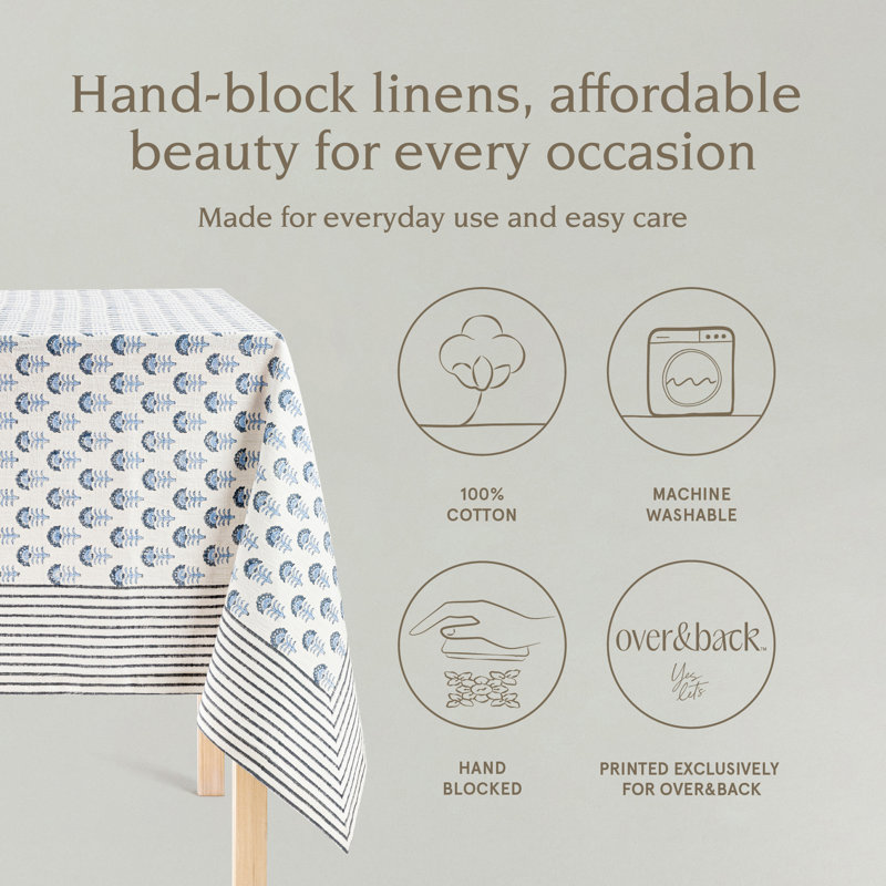 Hand-Screened Blue Flower Cotton Rectangular Tablecloth 70x90