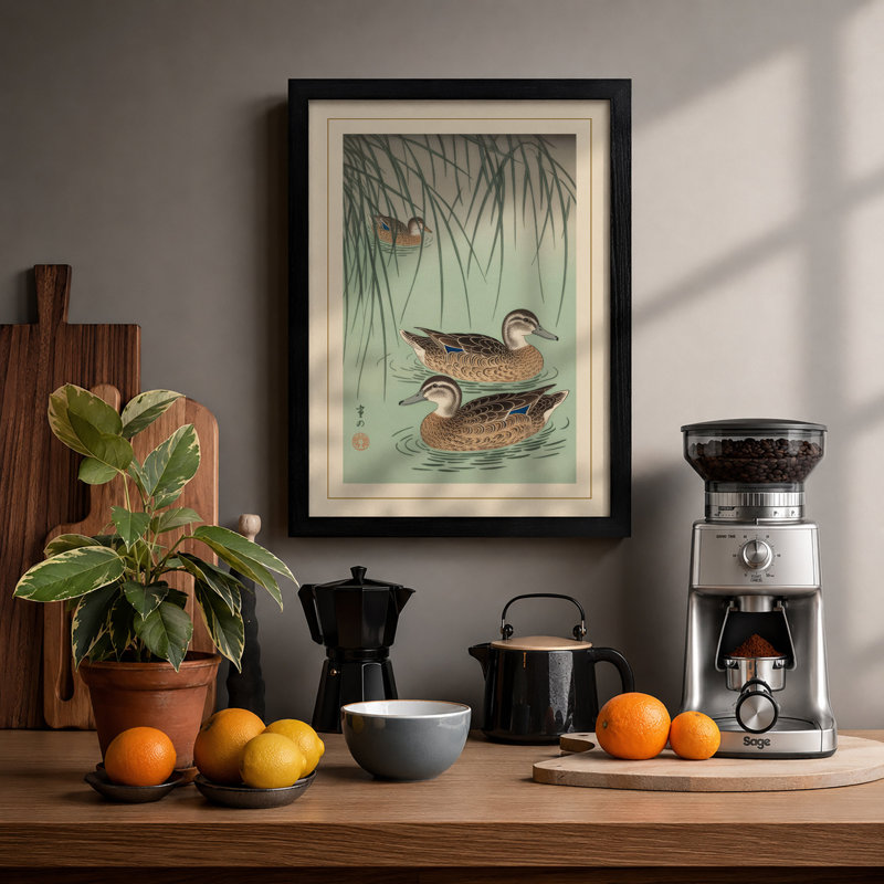 Ducks Beneath Willow Japandi - Framed Print, Black, A3 - 42.0 x 29.7 cm