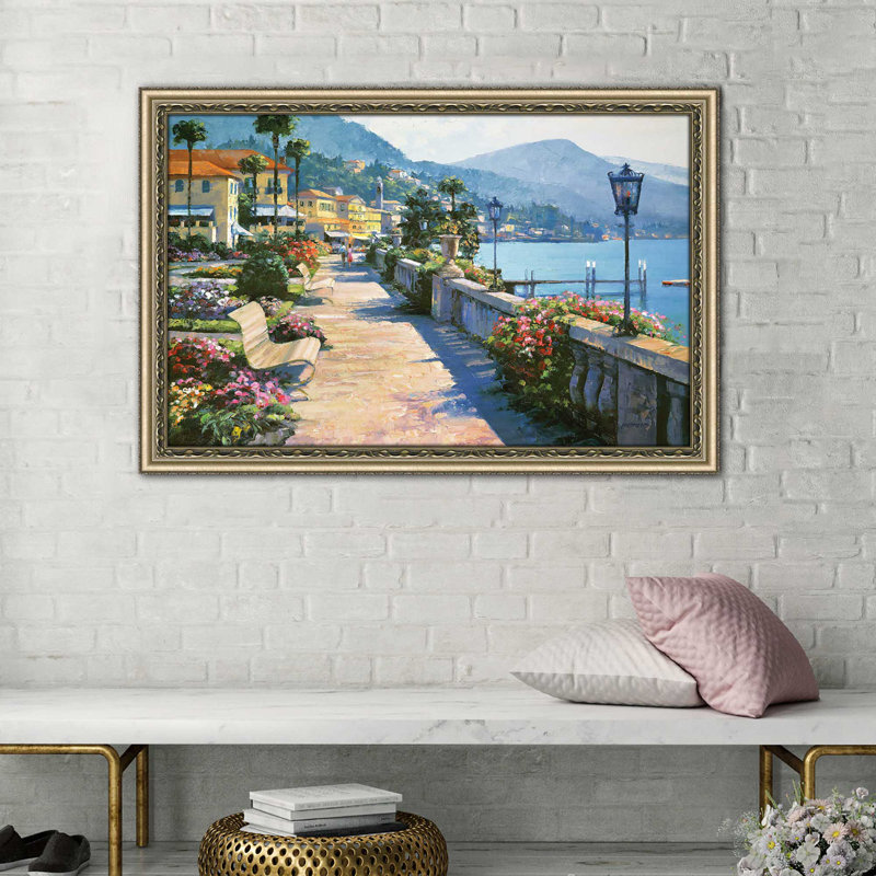 Bellagio Promenade par - Peinture, Impression encadrée, H 33,5 po x l 49,5 po, Champagne