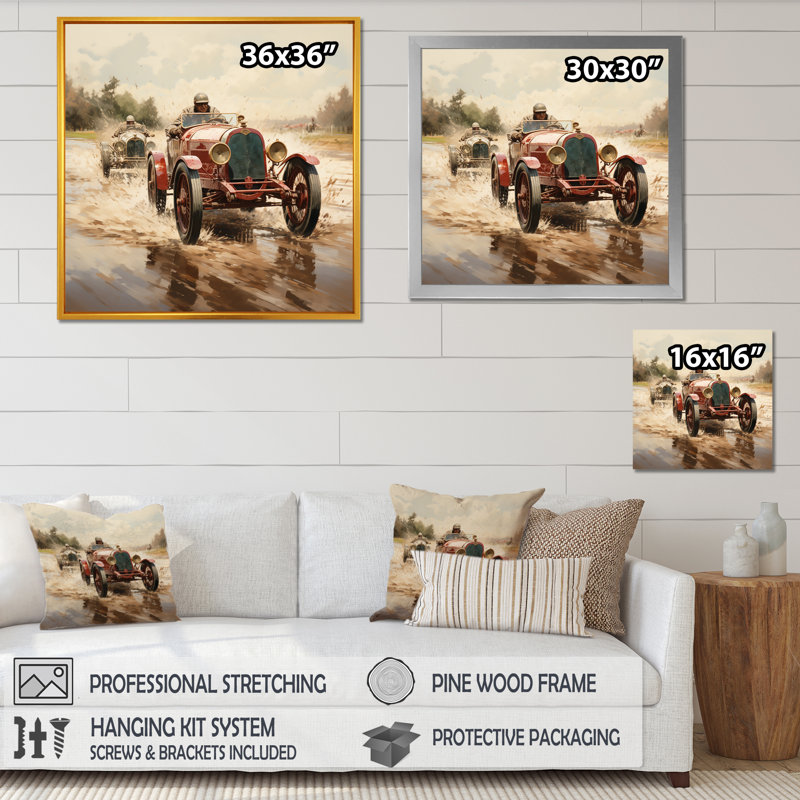 «Red Car 1930 Race Car Tracks I», art mural rouge, Cadre flottant noir, H 16 po x l 16 po